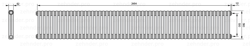 Схема (чертеж) Радиатор Zehnder Charleston 2056/54 №7610 Белый глянцевый RAL 9016
